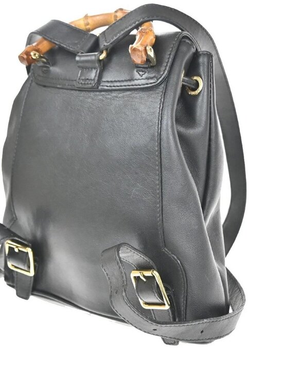 GUCCI Logo Bamboo Drawstring Backpack Bag Leather Black GHW Italy main image 6